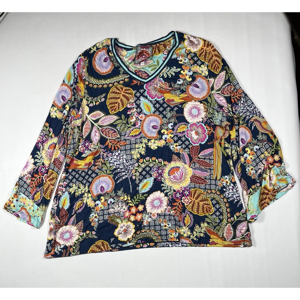 Johnny Was Janie Favorite Top Womens 1X Wild Bird Floral Flare Sleeve V Neck